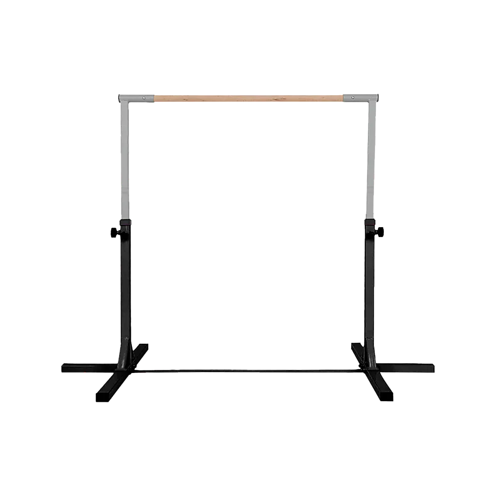 Adjustable metal ballet barre with wooden top and black base on a black background